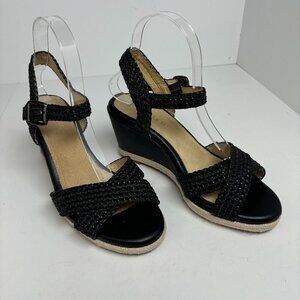 MICHELLE D Becka Women's Black Wedge‎ Leather Sandals/Shoes Size 8M